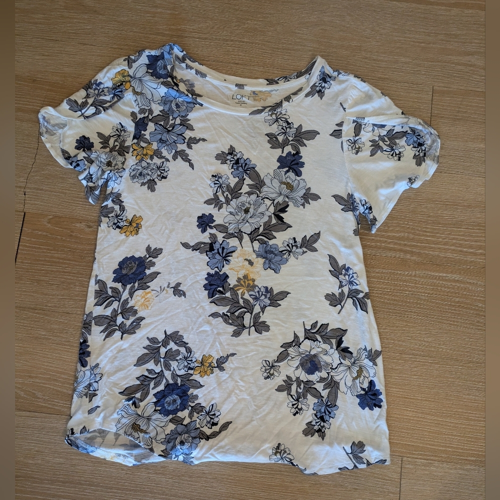 LOFT Floral Short Sleeve Tee - Blue and Yellow on White